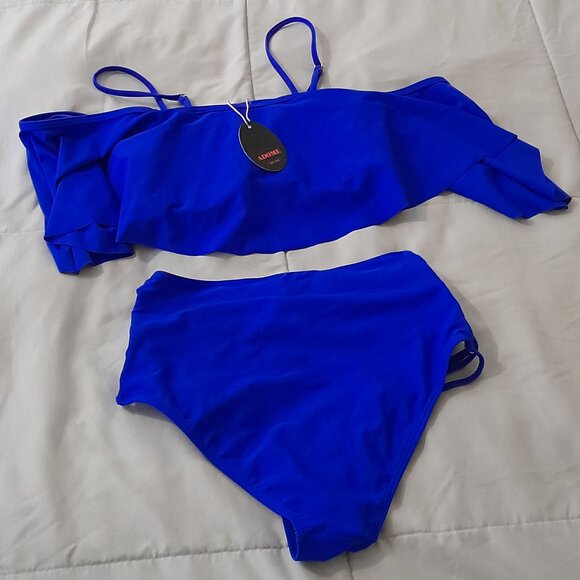 Adome blue Size Small Ruffle Sleeve Strappy Bottom Swimsuit - Picture 3 of 3